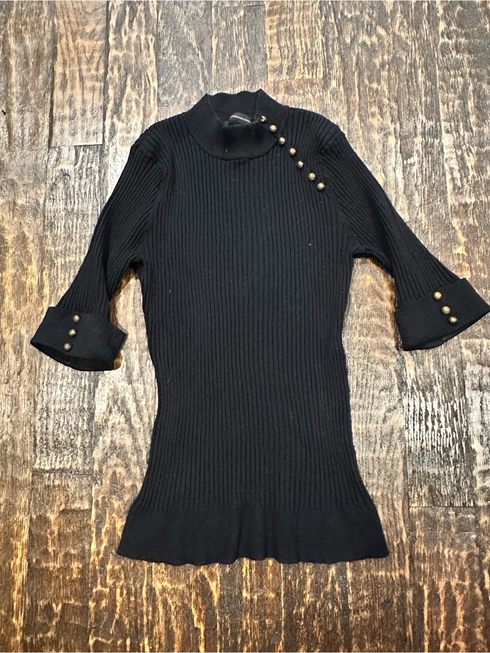 INC International Concepts Black Ribbed Mock-Neck Top with Button Detail